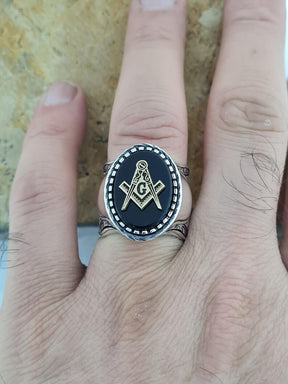 Master Mason Blue Lodge Ring - Handmade Sterling Silver Masonic Ring: Black Onyx - Bricks Masons