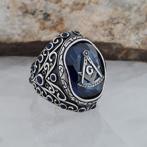 Master Mason Blue Lodge Ring - Blue Sapphire Freemason Compass Symbol - Bricks Masons