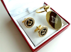 Master Mason Blue Lodge Keychain - 24k Gold Cufflinks Presentation Case with Certificate - Bricks Masons