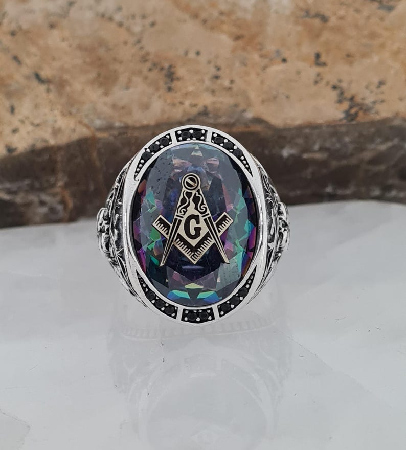Master Mason Blue Lodge Ring - Mystic Topaz & Cubic Zirconia - Bricks Masons