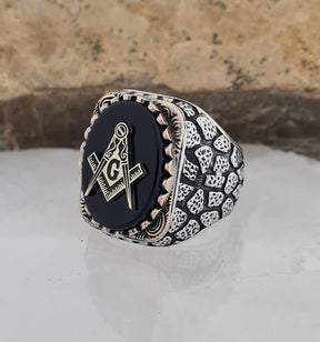 Handmade Sterling Silver Masonic Ring: Black Onyx Freemason Symbol - Bricks Masons
