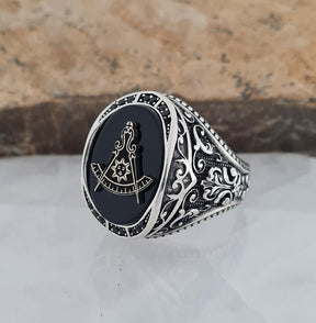 Master Mason Blue Lodge Ring - Sterling Silver Black Onyx - Bricks Masons