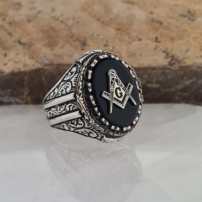 Master Mason Blue Lodge Ring - Handmade Sterling Silver Green Agate - Bricks Masons