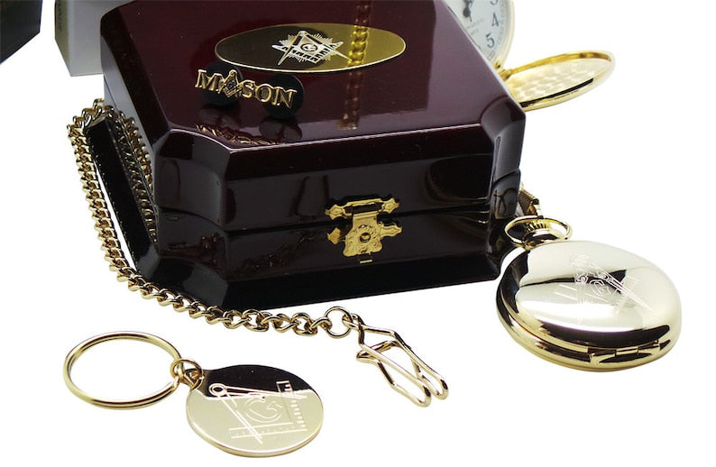 Master Mason Blue Lodge Pocket Watch - 24k Gold Keychain Full Hunter and Lapel Pin