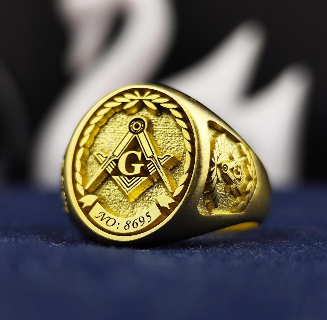 Master Mason Blue Lodge Ring - Sides Customization Signet Gold-Plated - Bricks Masons