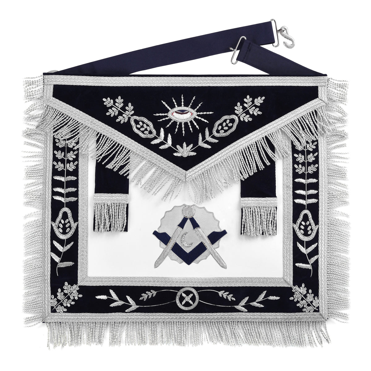 Junior Deacon Blue Lodge Officer Apron - Dark Blue With Silver Hand Embroidery Bullion - Bricks Masons