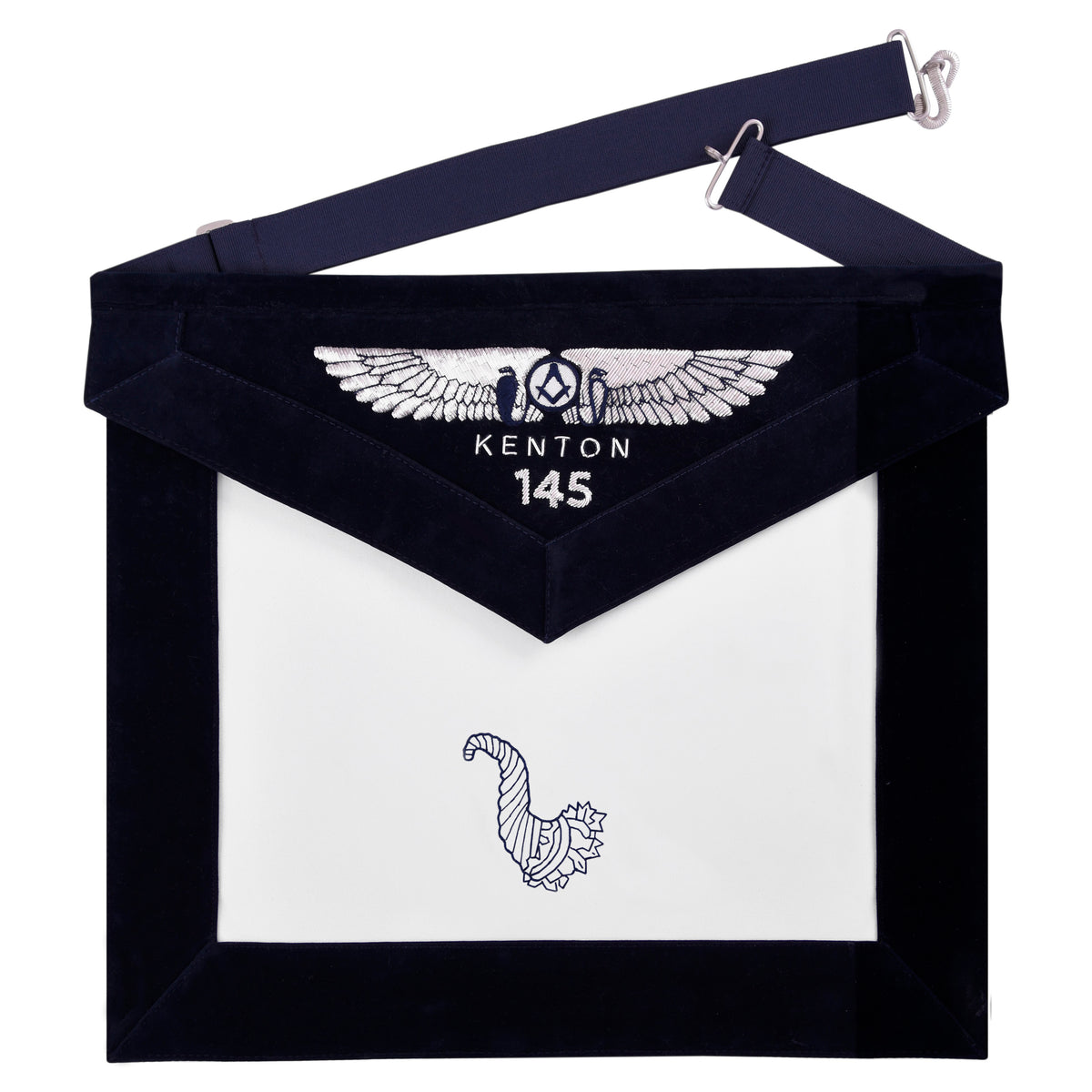 Junior Steward Blue Lodge Officer Apron - Kenton Lodge Navy Velvet With Silver Embroidery Thread - Bricks Masons