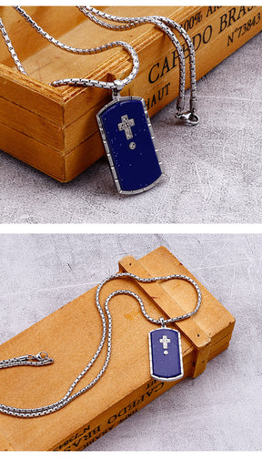 Knights Templar Commandery Necklace - Blue Stainless Steel With Diamond Cross - Bricks Masons