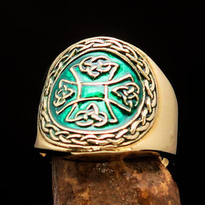 Knights Templar Ring - Brass Green Celtic Cross