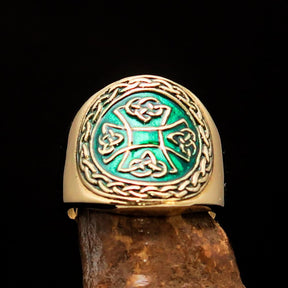 Knights Templar Ring - Brass Green Celtic Cross