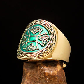 Knights Templar Ring - Brass Green Celtic Cross