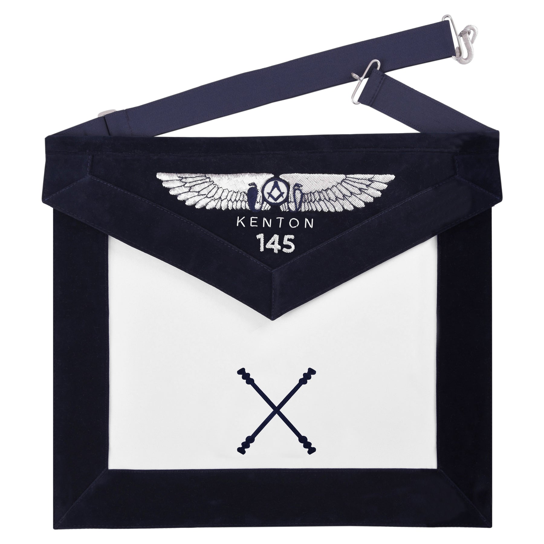 Marshal Blue Lodge Officer Apron - Kenton Lodge Navy Velvet With Silver Embroidery Thread - Bricks Masons