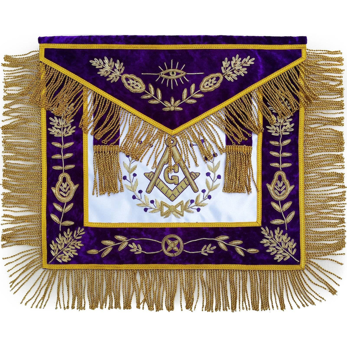 Master Mason Blue Lodge Apron - White Satin & Purple with Gold Fringe - Bricks Masons