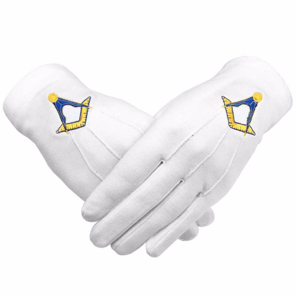 Master Mason Blue Lodge Gloves - Cotton with Yellow and Blue Square & Compass - Bricks Masons