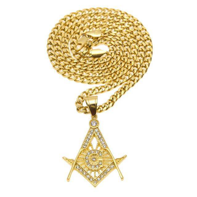 Master Mason Blue Lodge Necklace - All Rhinestone Square & Compass - Bricks Masons