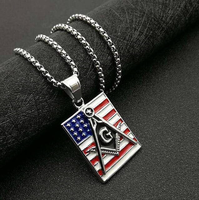 Master Mason Blue Lodge Necklace - American Flag Square & Compass G - Bricks Masons
