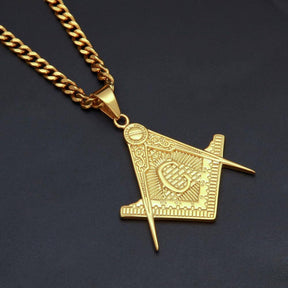 Master Mason Blue Lodge Necklace - Pyramid Golden Square Compass - Bricks Masons