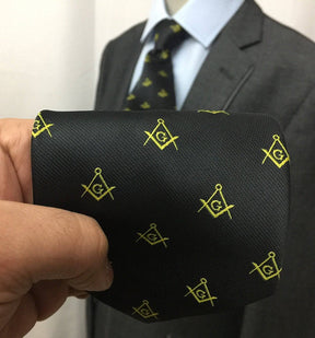 Master Mason Blue Lodge Necktie - Black & Gold Silk Square & Compass G - Bricks Masons
