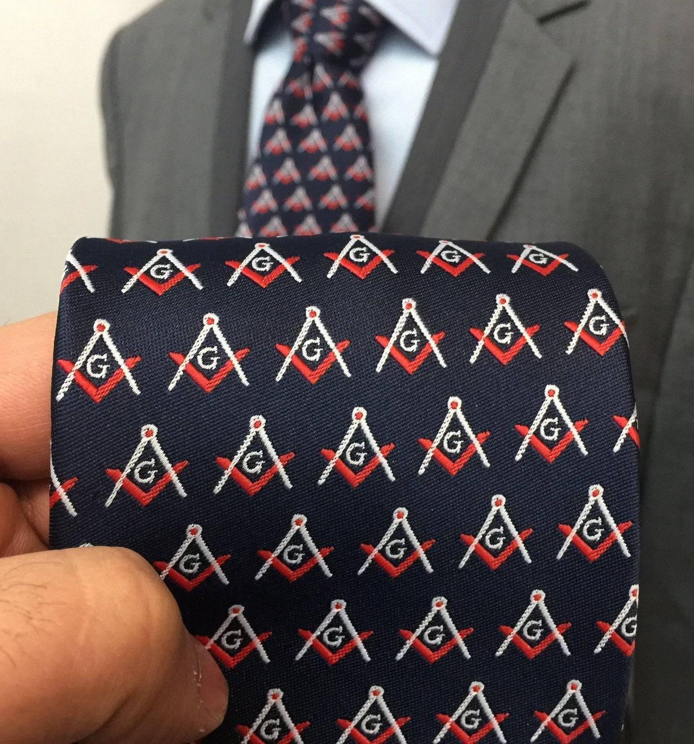 Master Mason Blue Lodge Necktie - Blue & Navy Silk Square & Compass G - Bricks Masons