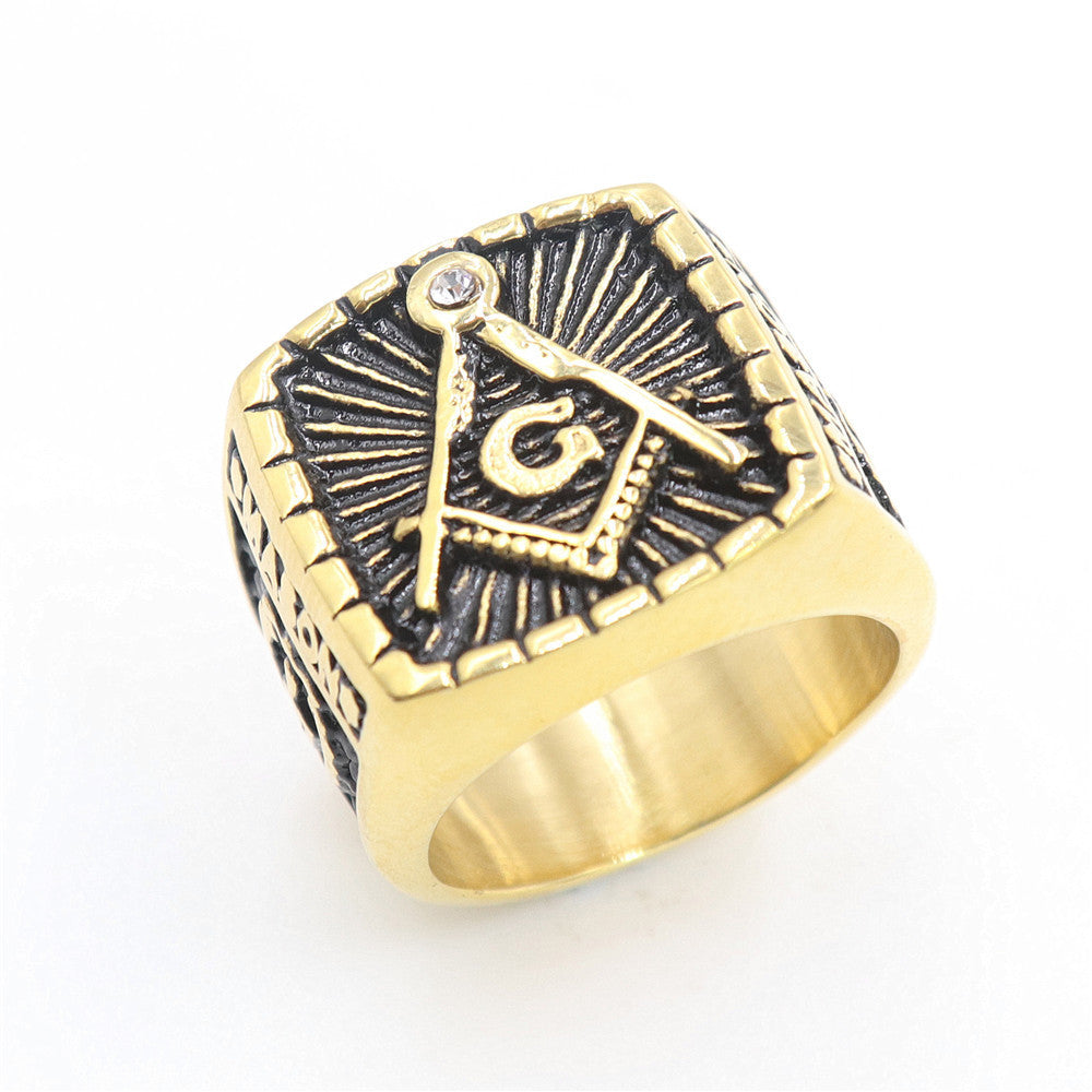 Master Mason Blue Lodge Ring - Gold & Black Titanium Steel Square and Compass G - Bricks Masons