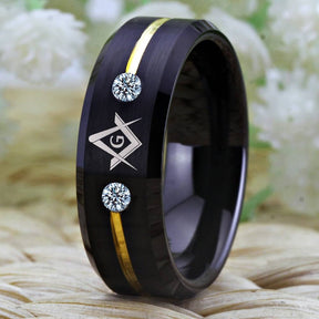 Master Mason Blue Lodge Ring - Square and Compass G Tungsten Black Personalizable - Bricks Masons