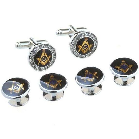 Master Mason Blue Lodge Tuxedo Stud - Silver Round Zirconia 6 Pieces Set - Bricks Masons