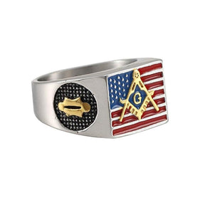 Master Mason Blue Lodge Ring - Compass and Square G USA Flag