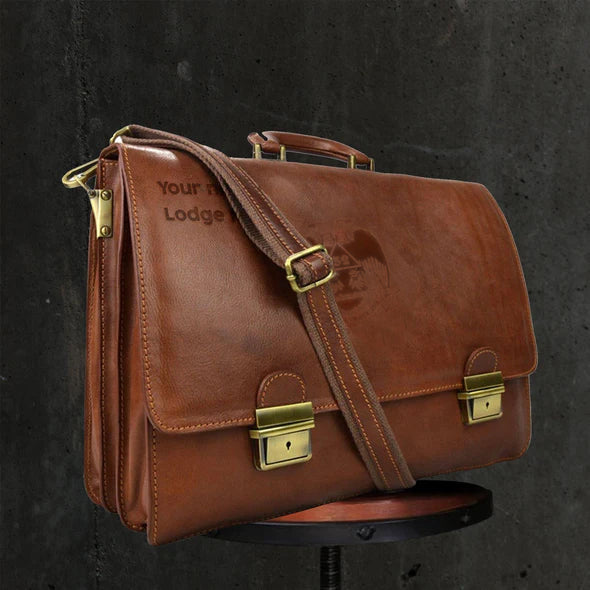 32nd Degree Scottish Rite Briefcase - Wings Down Genuine Brown Leather - Bricks Masons