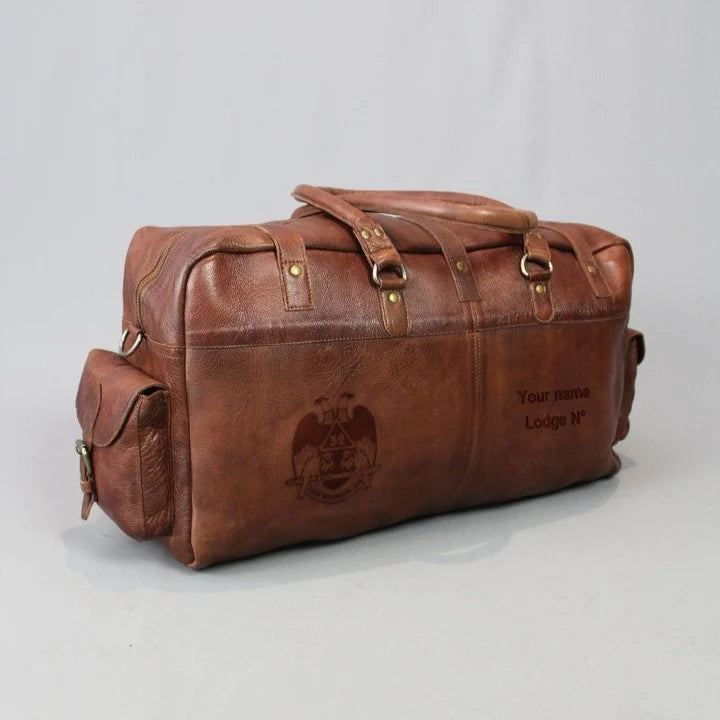 32nd Degree Scottish Rite Travel Bag - Wings Down Conker Brown Leather - Bricks Masons