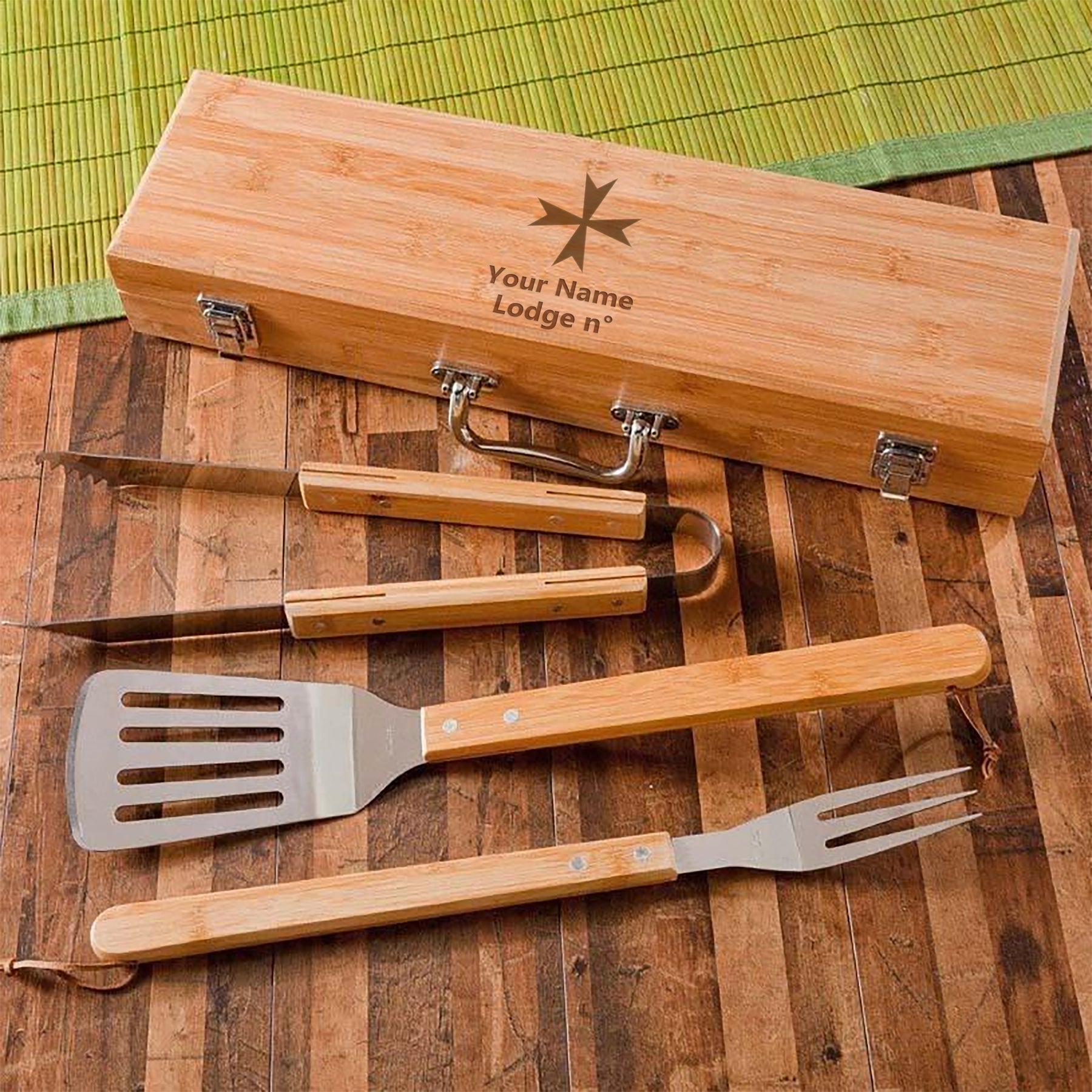 Order of Malta Grill Tool - BBQ Set & Bamboo Case - Bricks Masons