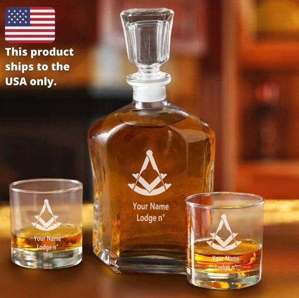 Past Master Blue Lodge Decanter - 2 Whiskey Tumbler Glasses Set - Bricks Masons