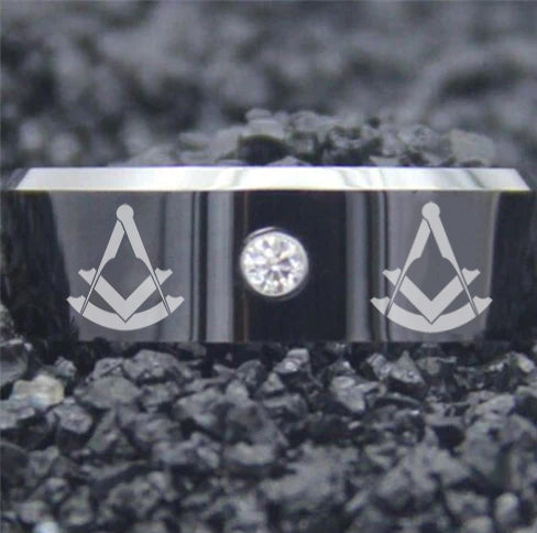 Past Master Blue Lodge Ring - Black Silver Bevel With CZ Stone - Bricks Masons