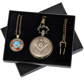 Master Mason Blue Lodge Pocket Watch - Antique Square & Compass G Quartz - Bricks Masons