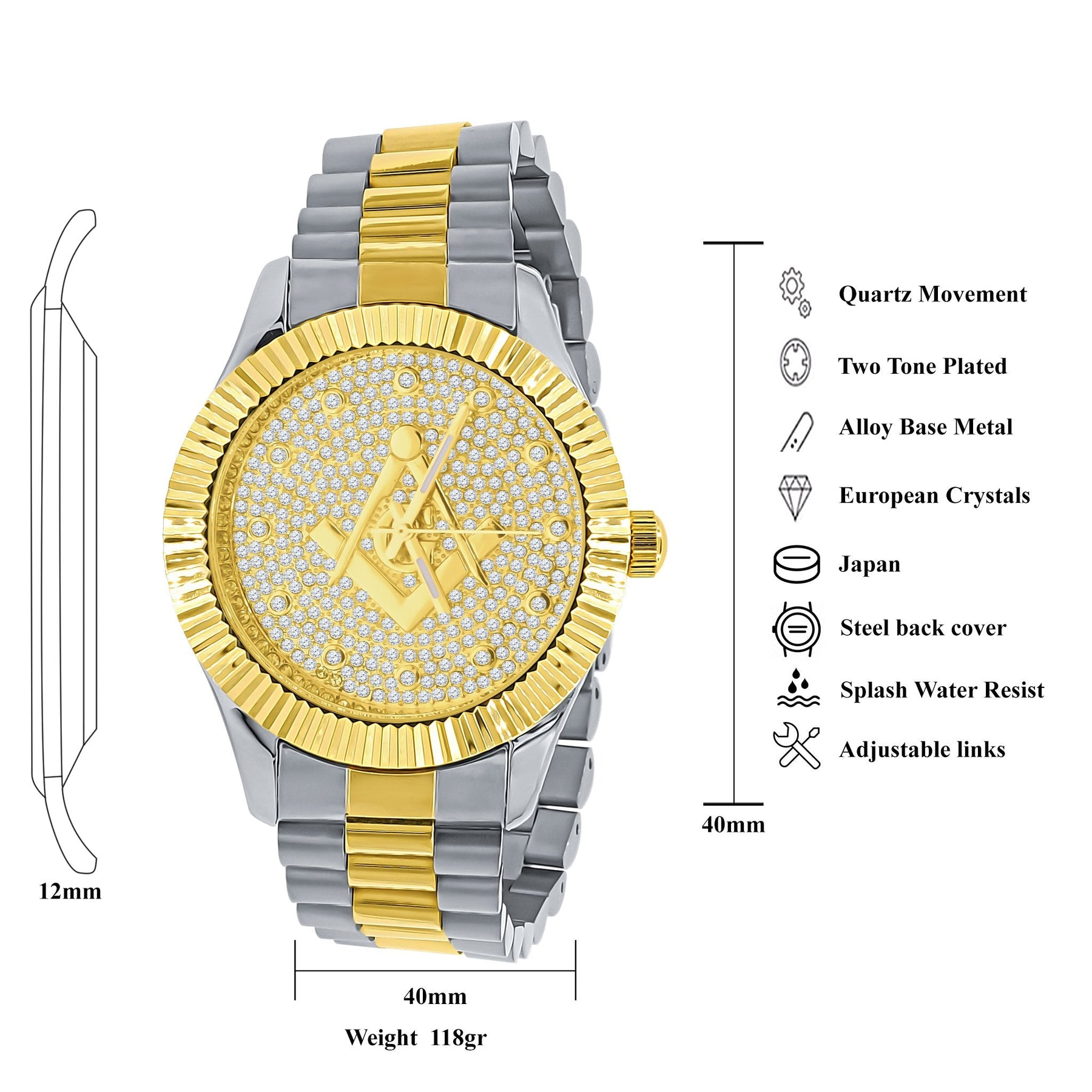 Gold & Silver Masonic Iced Out Metal Watch - Bricks Masons