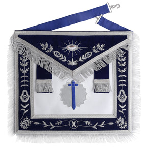 Tyler Blue Lodge Officer Apron - Navy Blue Velvet With Silver Fringe - Bricks Masons